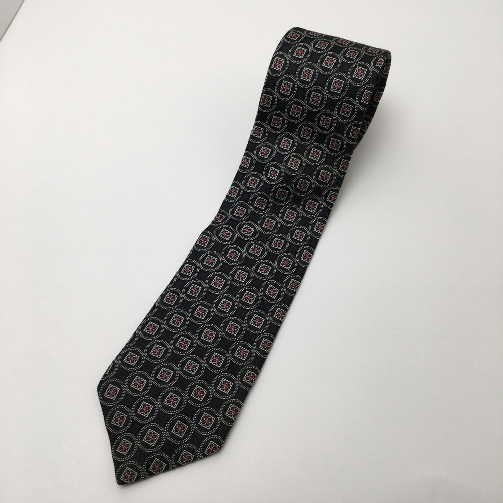 Daniel Cremieux Necktie Men Black Geometric Medallion 100%‎ Silk Handmade USA